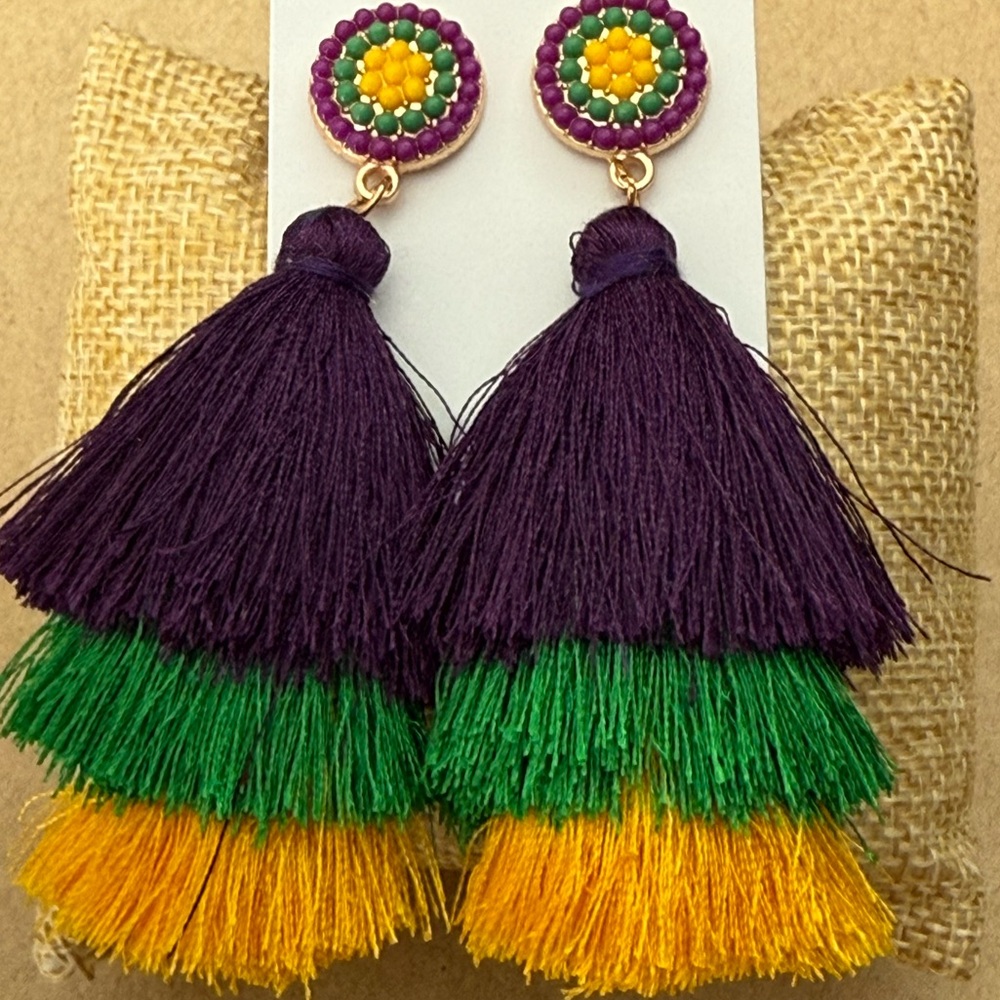 Colorful Mardi Gras Beaded Fringe Tassel Earrings NEW